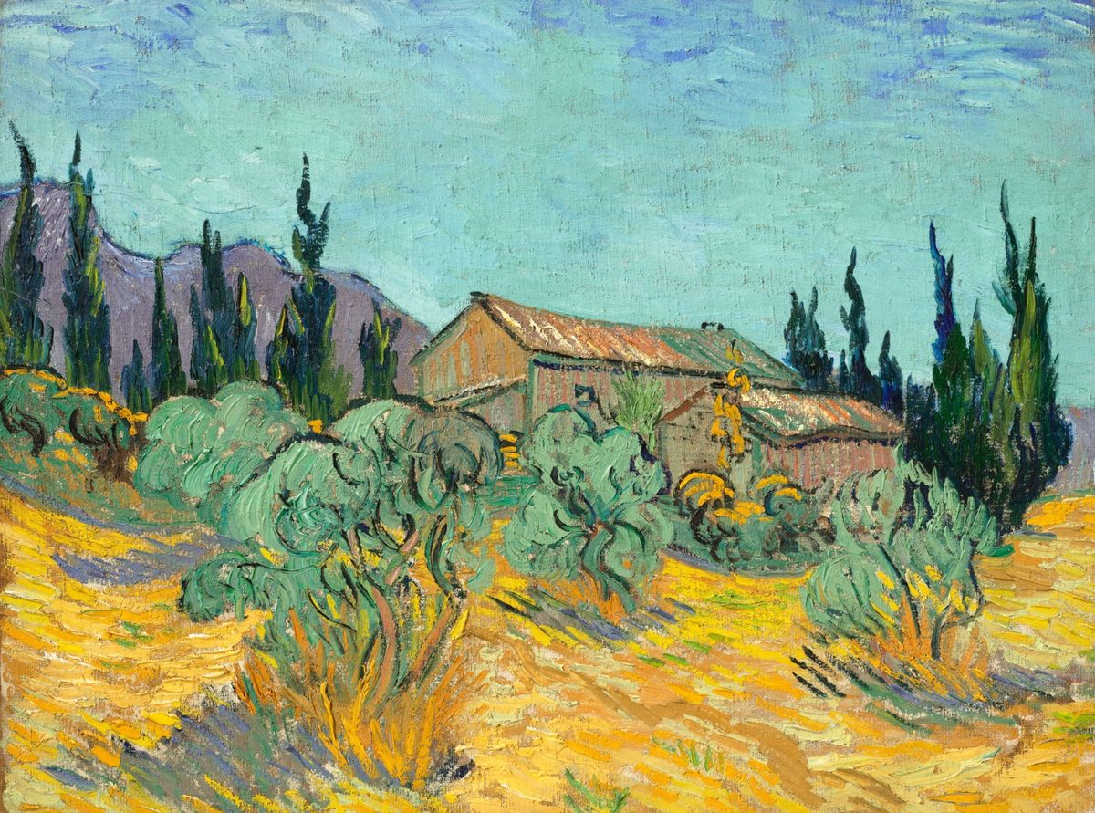 Vincent van Gogh - Cabanes de bois parmi les oliviers et cypr#U00e9s (F 623)