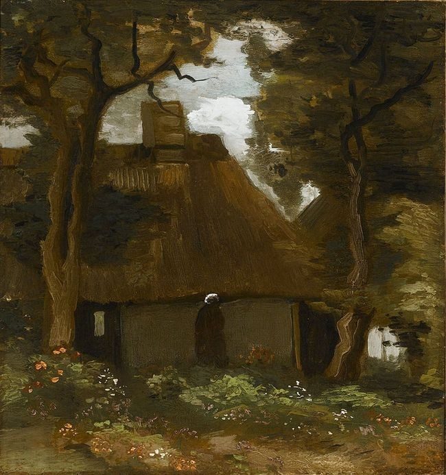 Van gogh cottage with trees and peasant woman f187 jh808
