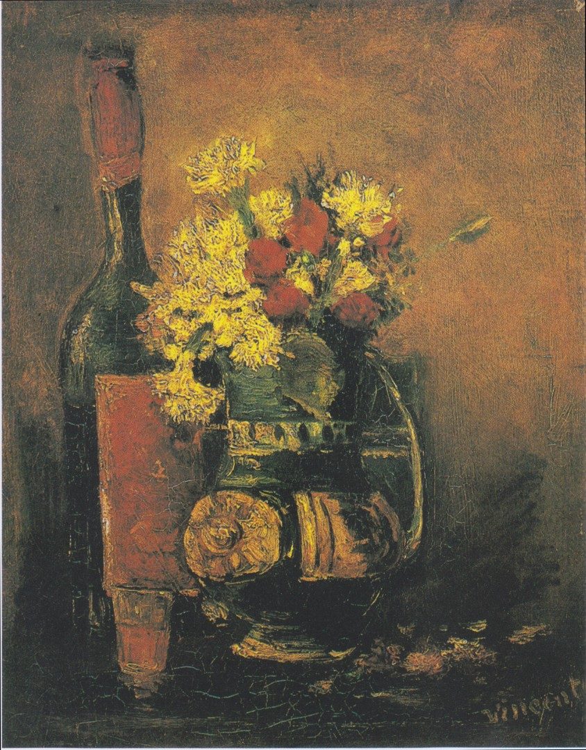 Van Gogh - Vase mit wei#U00dfen Nelken und R#U00f6schen und Flasche