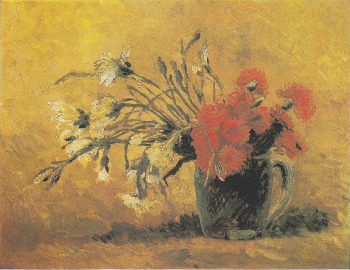 Van Gogh - Vase mit roten und wei#U00dfen Nelken auf gelbem Hintergrund