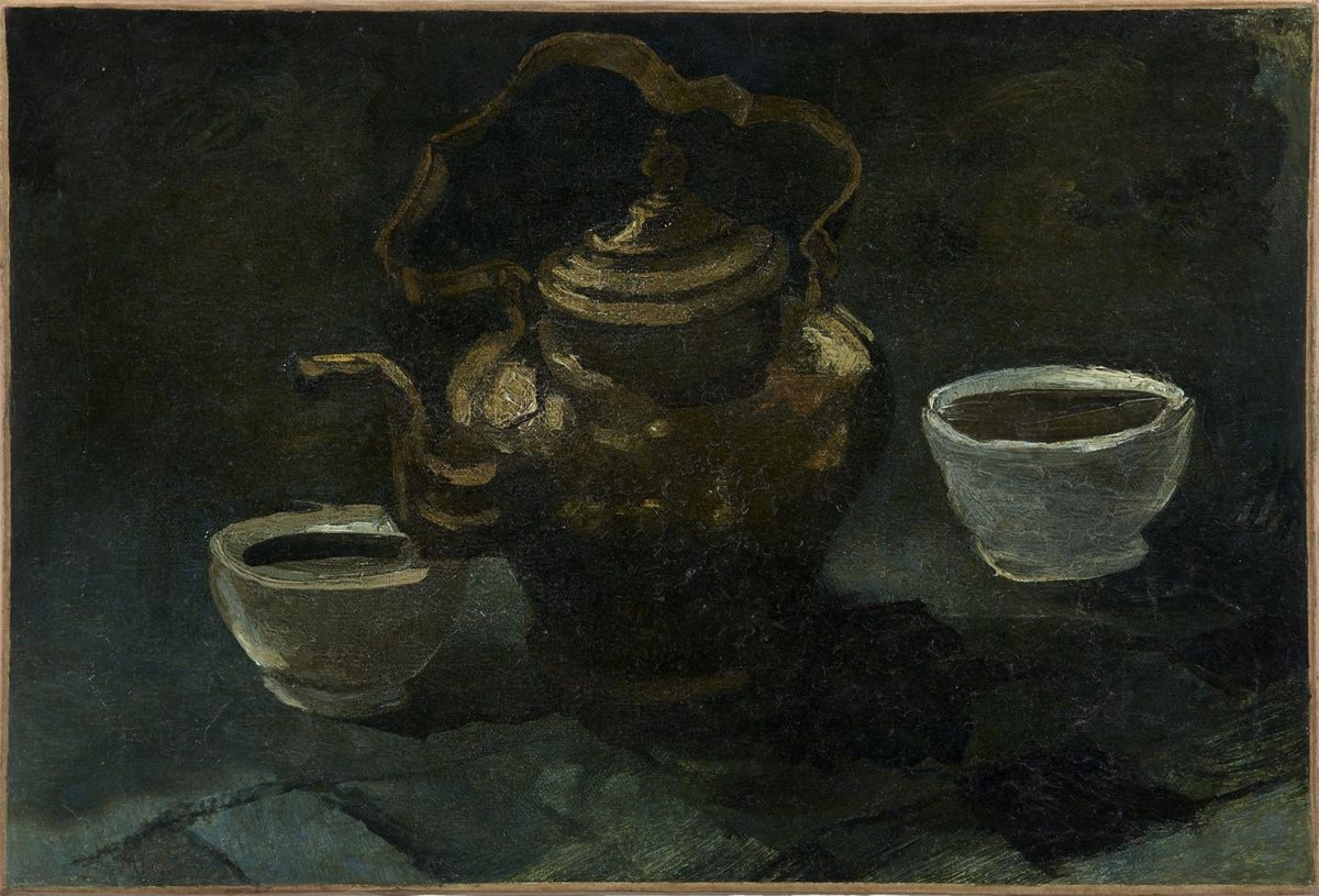 Vincent van Gogh - Nature morte, cafeti#U00e8re en cuivre et deux bols blancs (1885)